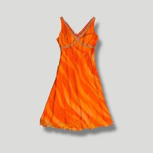 100% Silk Beaded Bias Cut Sequin Chiffon Midi Dress NWT 12 WD.NY Orange Gold